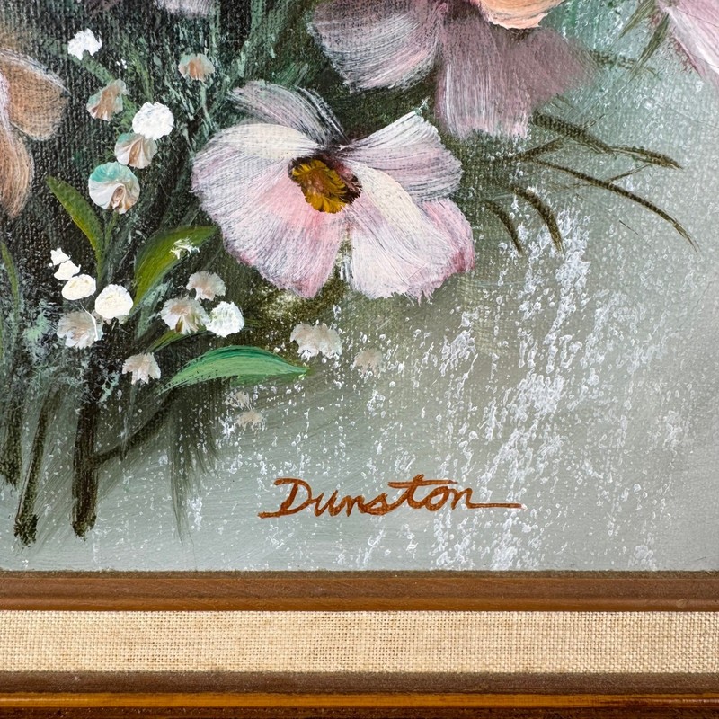 Vtg Dunston Floral Oil Painting Faux Bamboo Frame Flowers Cottagecore Art Boho gallery