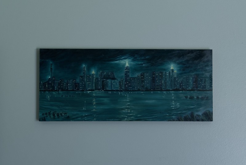 New York City Skyline Oil Painting Nocturn Night lights Brooklyn view East River