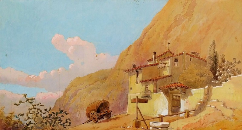 THEATER SCENOGRAPHY PROJECT. WATERCOLOR. SIGNED ALARMA (SALVADOR?). SPAIN. XIX