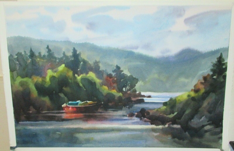 KAREN FREY «QUIET COVE-ORCAS» ORIGINAL WATERCOLOR LANDSCAPE PAINTING 1999