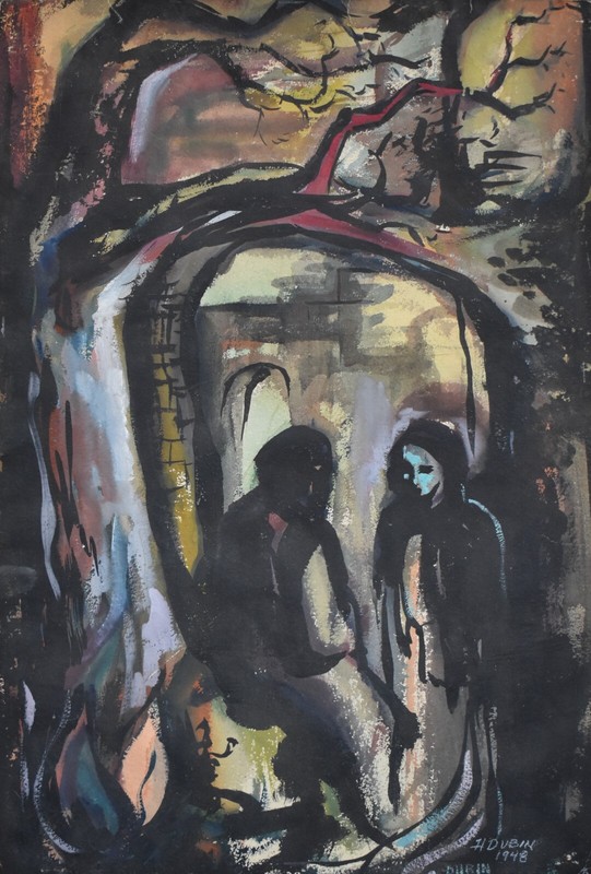 Howard Dubin Signed 1948 Expressionist Gouache-Ominous Figures and Tree