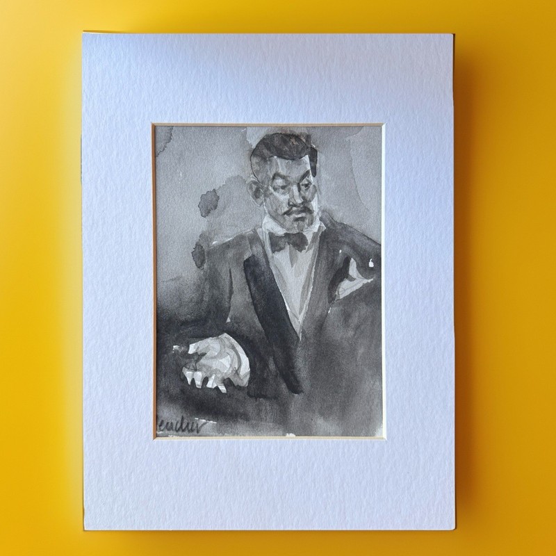 Original Charlie Chan watercolor on Rives BFK (2014) 6 x 8 Kenney Mencher Art