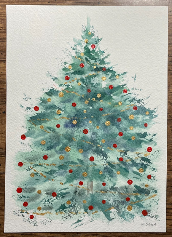Original Watercolor Abstract Painting Christmas tree – 5×7 inches – NEW