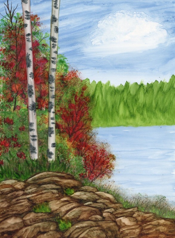 Alcohol Ink, Autumn River Scene, Original Painting, 5.5×7.5 Signed By Artist