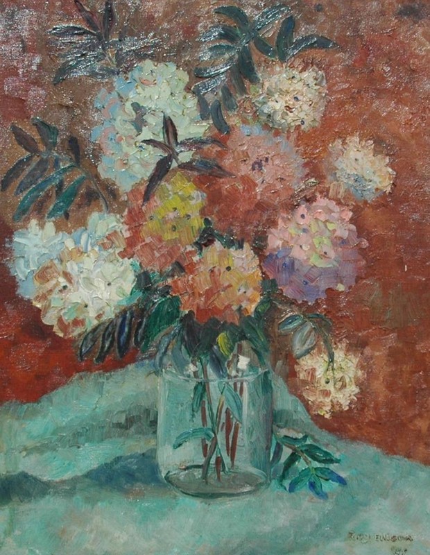 Mid Century 1959 Impressionist Oil on Board Still Life of Flowers by Roy Ellison