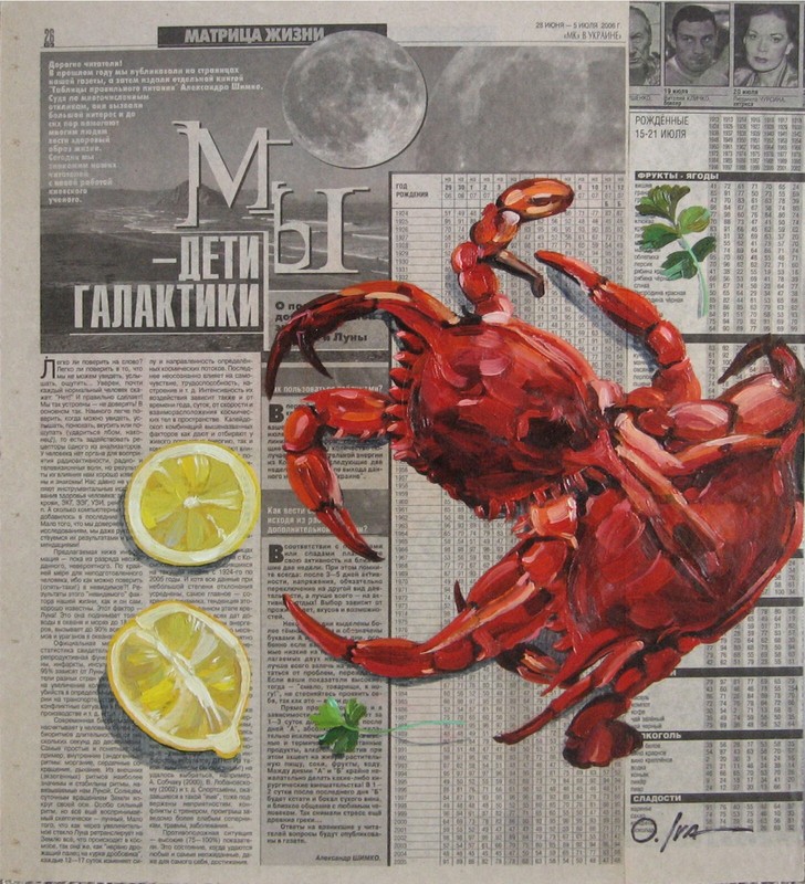 Original Modern Oil Painting Shiny red crabs on newspaper 15х13″