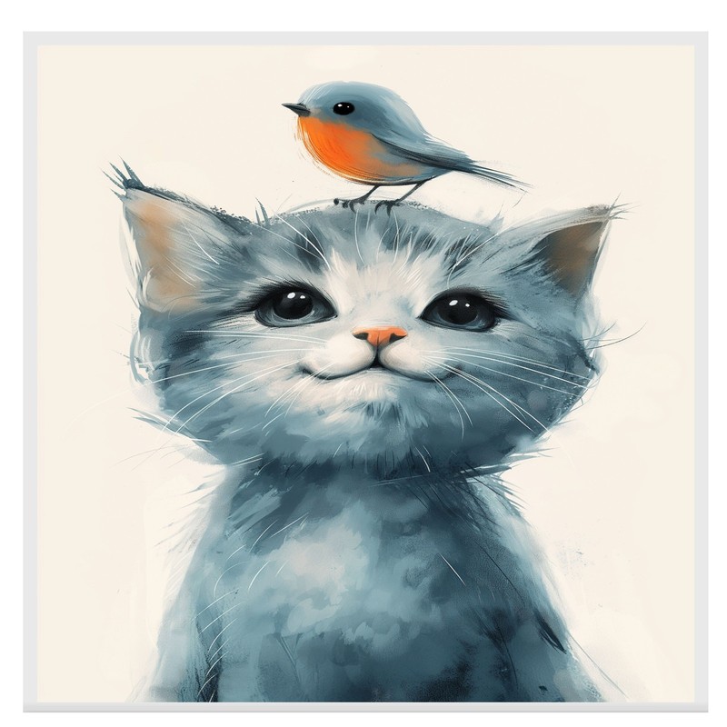 Cat and Bird for Nursery or Kids Room Flat Rolled, Framed or Wrapped Canvas gallery