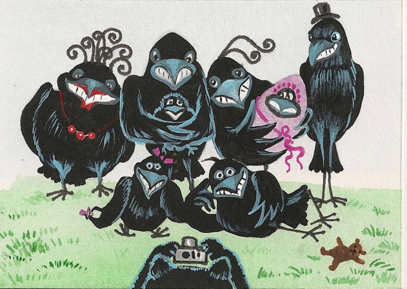 5×7 PRINT OF PAINTING RAVEN CROW RYTA TEDDY BEAR CAT HUMOR FAMILY Halloween Art