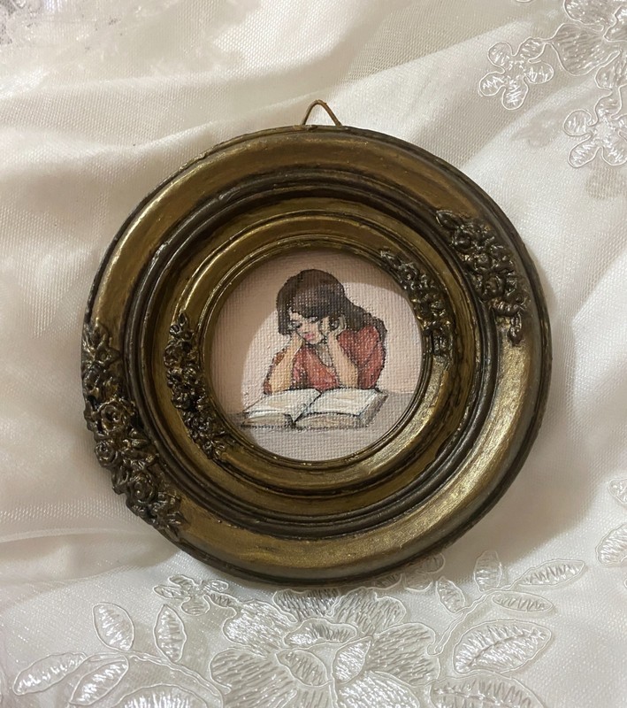 Vintage Girl Reading Original Oil Painting | Woman with Book Art Retro Portrait