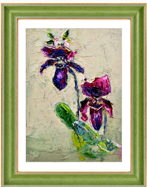Unique Black Orchid oil on cardboard palette knife painting. Signed,Impression.