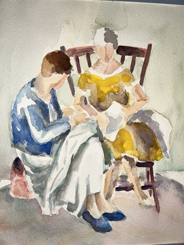 VTG Original Impressionistic LADIES WOMEN Watercolor 12”W 15”T Unsigned Framed