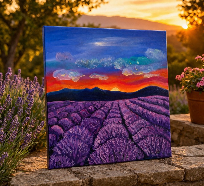 Lavender Field Painting Purple Landscape Wall Art Sunset Canvas Decor 20x20 gallery