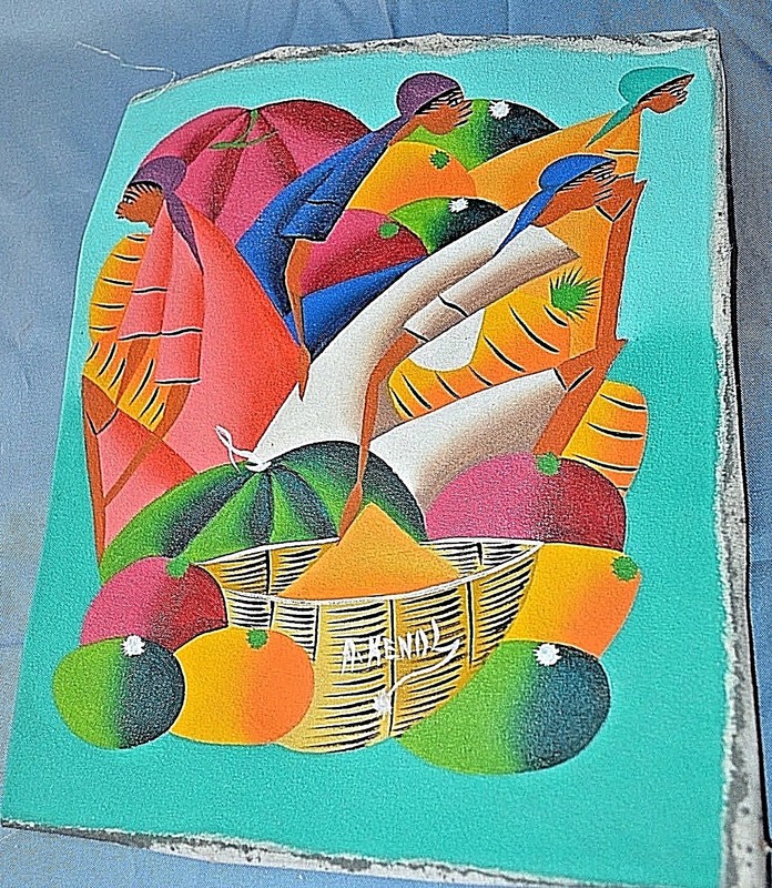 Painting on Canvas Haitian Islanders Signed A. Kenal Haiti Folk Art 9.75 x 8