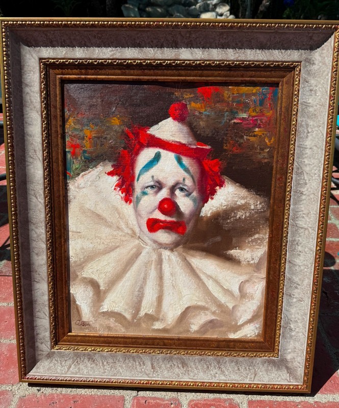 Vintage Artist Signed Costa Clown Oil Painting Framed