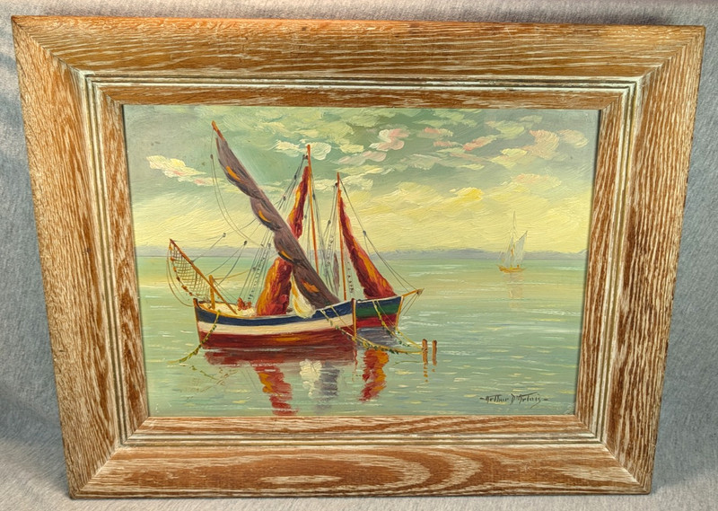 Italian Fishing Boats Oil Masonite Nautical Painting Arthur D'Artois (1894-1976) gallery