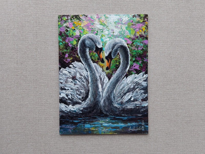 Swan Original Painting. Blossoming Love in spring. Graceful Swan on Sakura Lake
