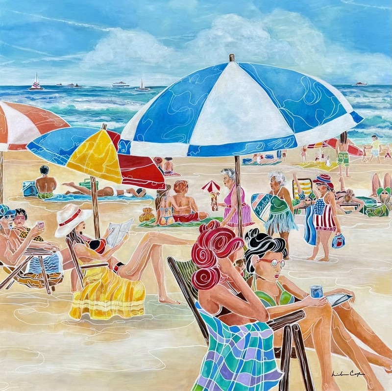 Signed Contemporary Beach Seascape Painting with People and Umbrellas
