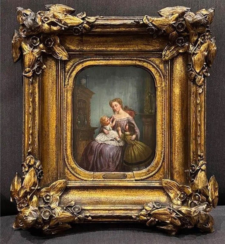 Antique European Oil on Wood Art: 8″ x 6.5″ Rich Frame: 17″ x 15″