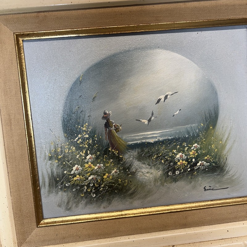 Vintage Oil Painting Beach Cottage Core Frame Linen Landscape Flowers 19×17 Sign