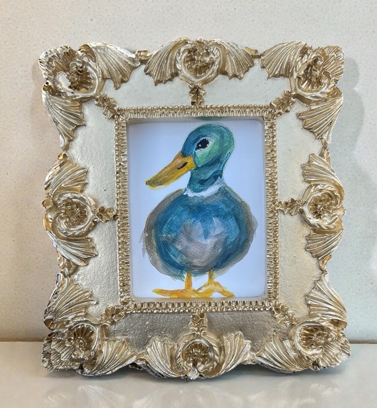 Mallard 🦆 Duck watercolor print in mini gold vintage style ornate frame