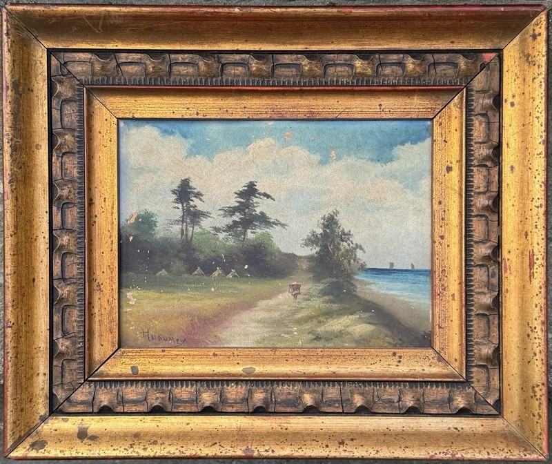 WONDERFUL ART DECO FRAME: Oil Painting – Coast Motiv With Sailing Ships