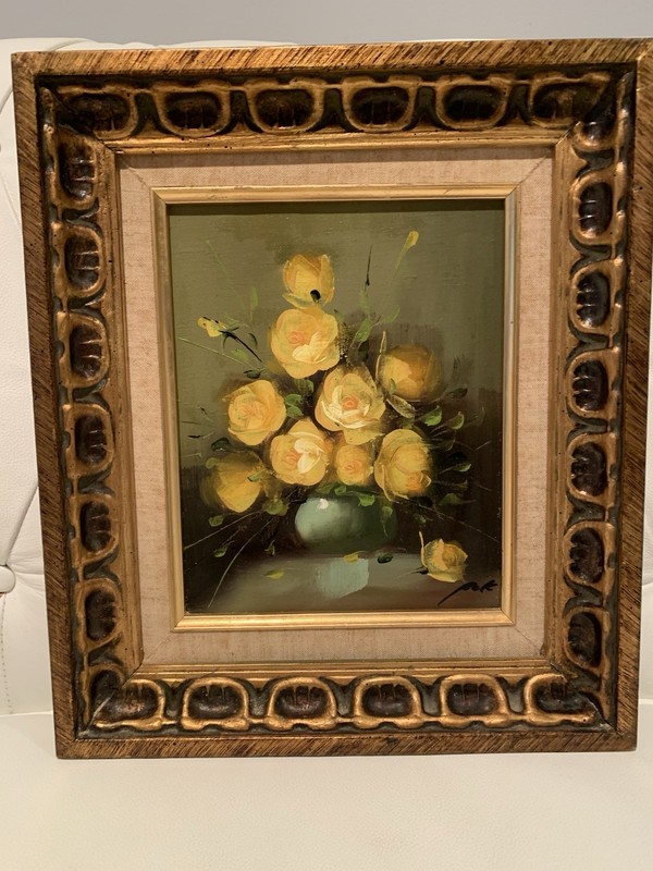 Vintage 13” by 15” oil painting of yellow roses in a vase.