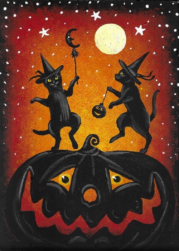 ACEO print of painting RYTA Halloween BLACK CAT PUMPKIN MOON JACK O’ LANTERN ART