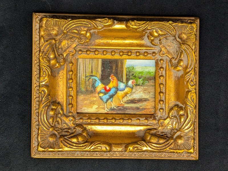 VTG Baroque Ornate Miniature Hand Painted Oil Painting Framed Chickens 7x6x1 3/8