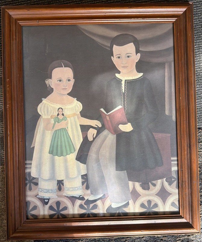 Vintage Primitive Folk Art Children Print Framed Colonial Boy Girl 20×24 Decor