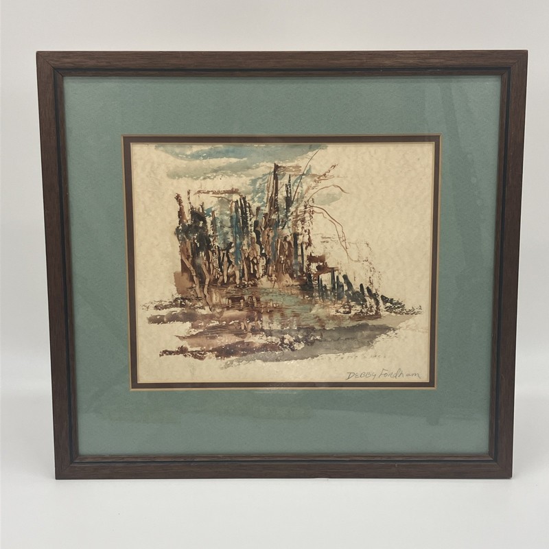 Original Watercolor Abstract Waters Edge Scene Signed Matted Framed Blue/Browns