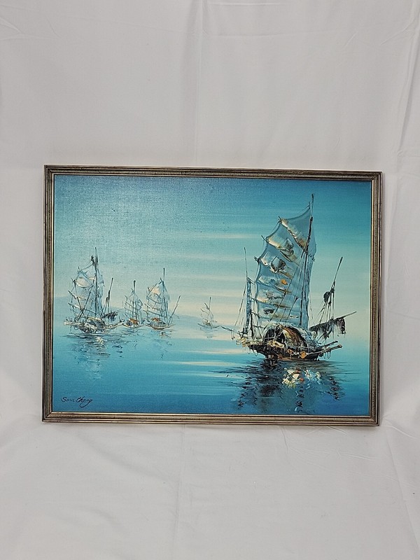 OIL ON CANVAS Asian Junk Fishing Boats Nautical Painting By SAM CHENG 25″x 19″