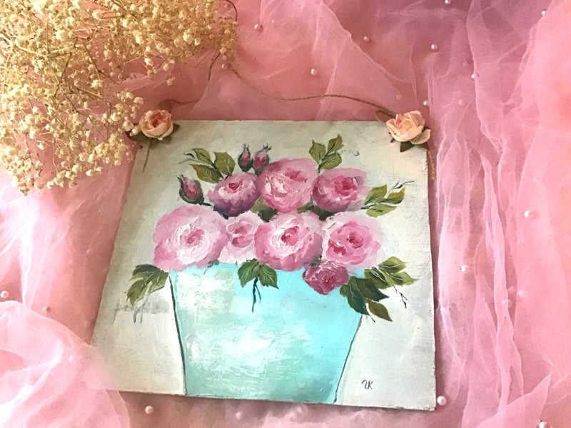 Cabbage PINK Roses Blue Pot Still Life Oil PAINTING Wall Décor Shabby Cottage