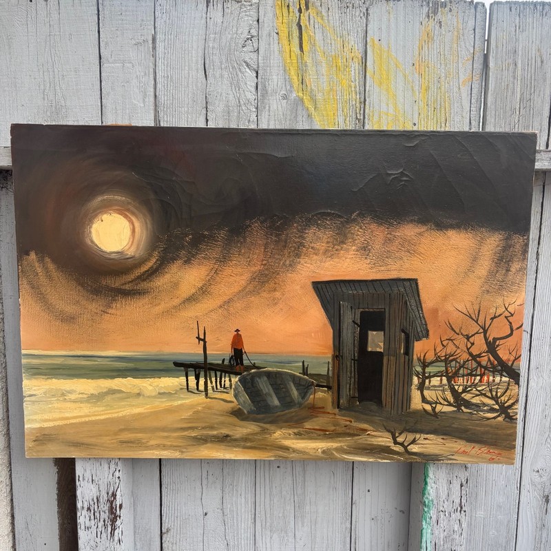 1961 Paul Blaine Henrie Original Oil Painting 36×24 Signed Coastal Sunset