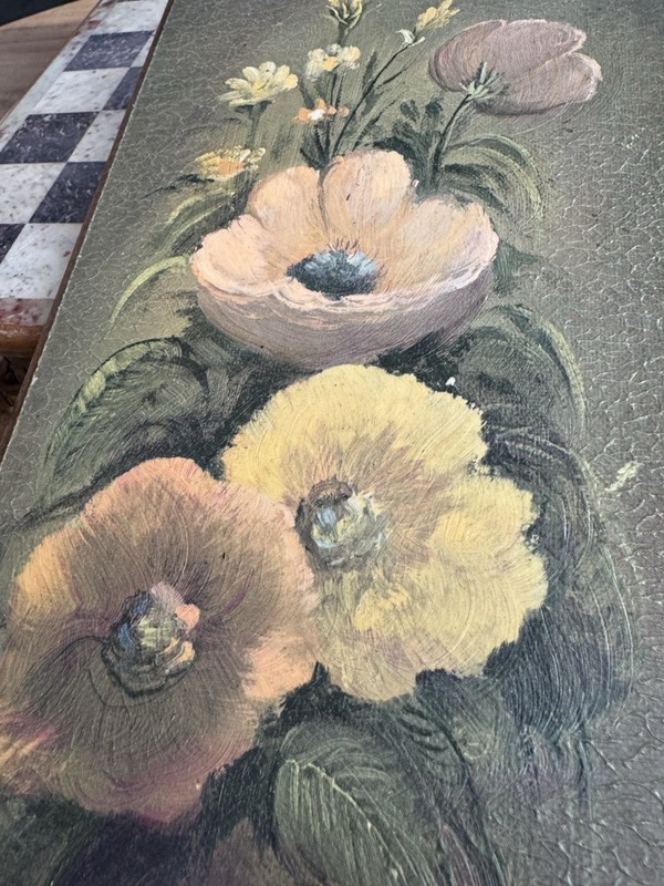 Vintage painting of flowers in a vase, mounted on a wooden board. In Good Shape. gallery