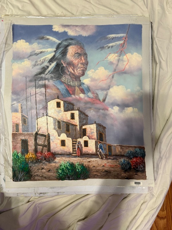 Original Native American Chief Pueblo Village Oil Painting Vintage Art