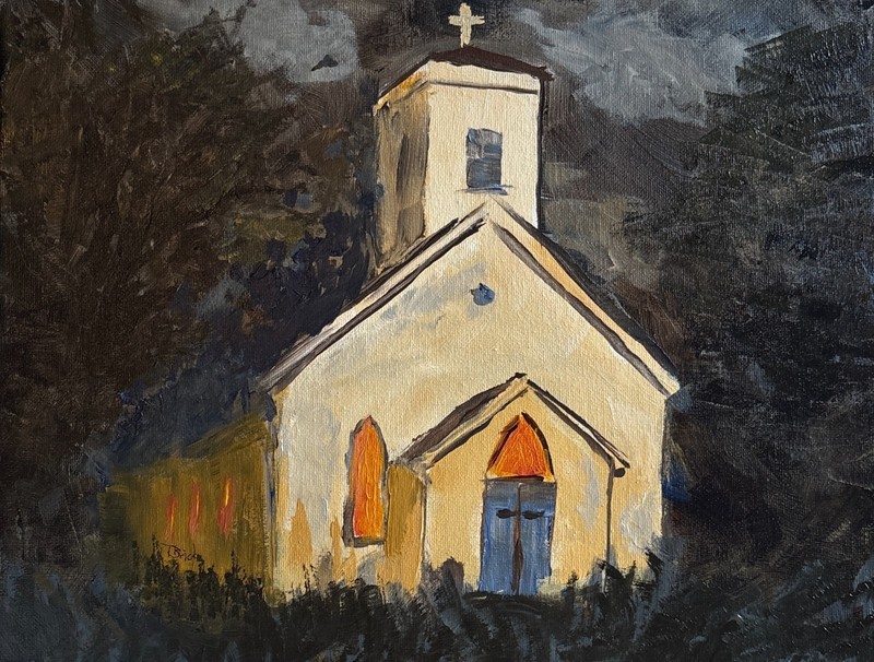Church Painting 11×14 Original Moody Landscape Religious Architecture Art