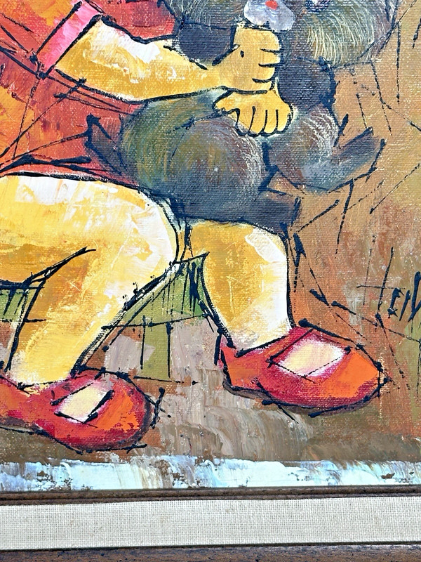 Vintage 1970's Big Eyed Girl and Kitty Framed Mod Oil Painting Signed "Howard" gallery