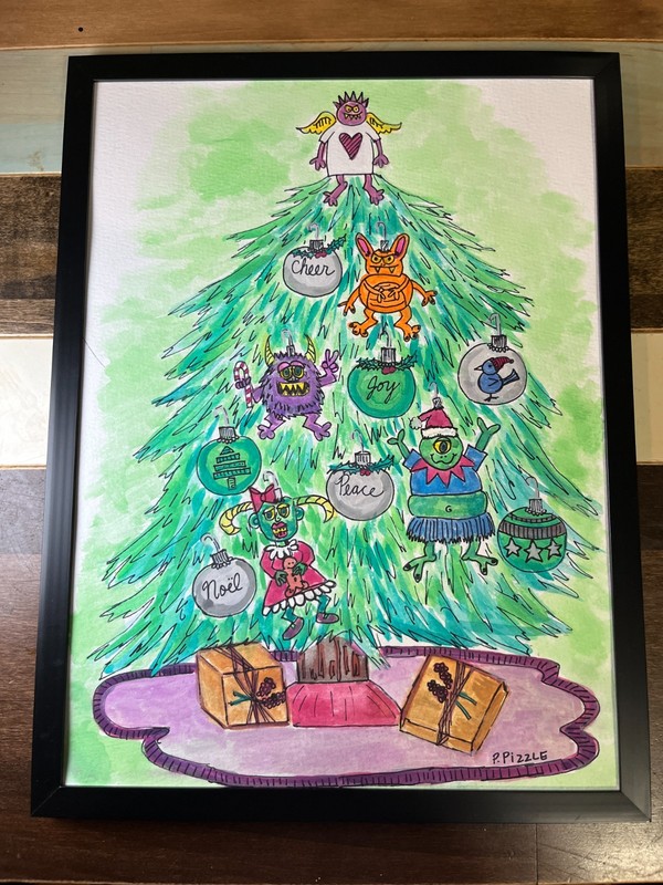 Christmas Tree Watercolor Painting Original Monster Ornaments Holiday Art 9×12