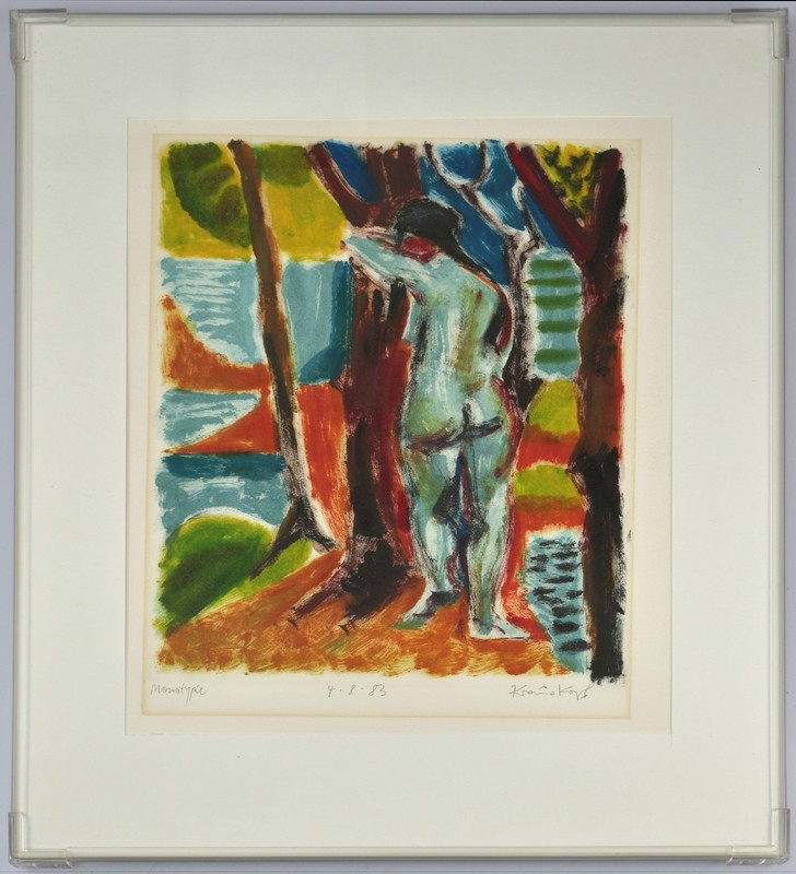 Krauskopf, female nude in landscape. 4.8.83. [Signed Monotype, Framed].