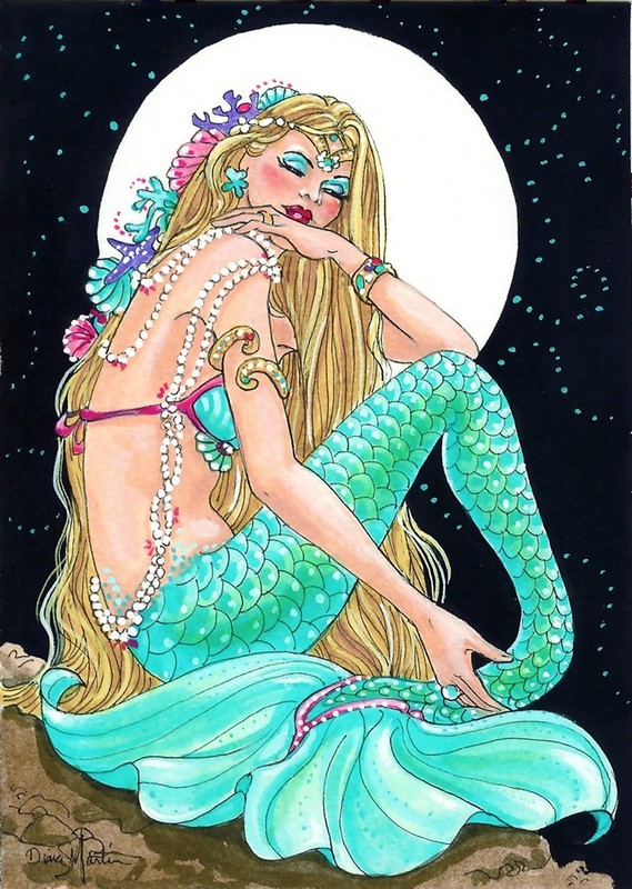 Mermaid Aceo Beauty Title: GOLDEN GLOW Moonlight stars Collectable PRINT L.E.