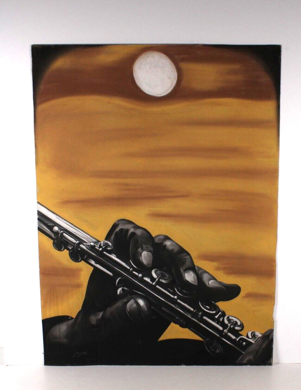 Mid Century Flute Hand Pastel Painting Signed Dun Ston? Instrument Pastel gallery