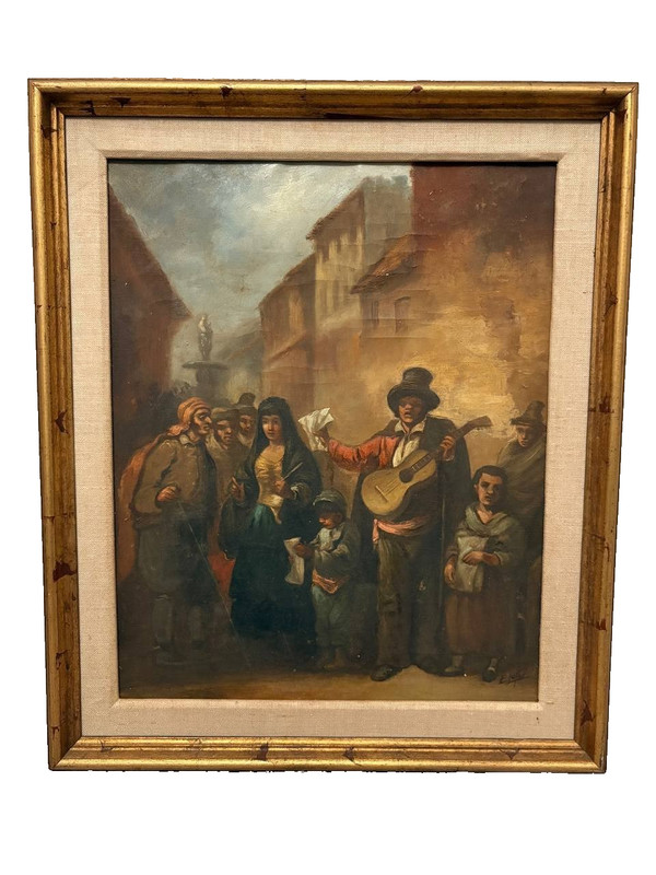 Ernesto Lopez 1973 Madrid The Blind Man’s Guide» Spanish Oil Painting