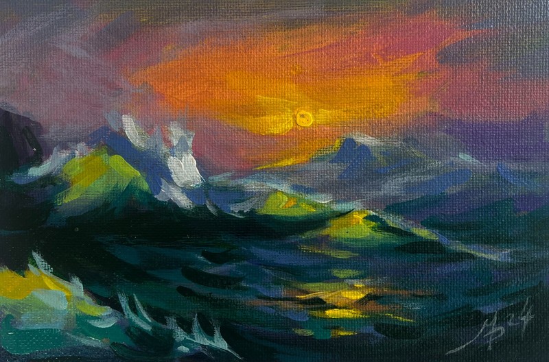 Acrylic Painting Raging Waves At Sunset M. Patskan Unframed Original nAAA4793