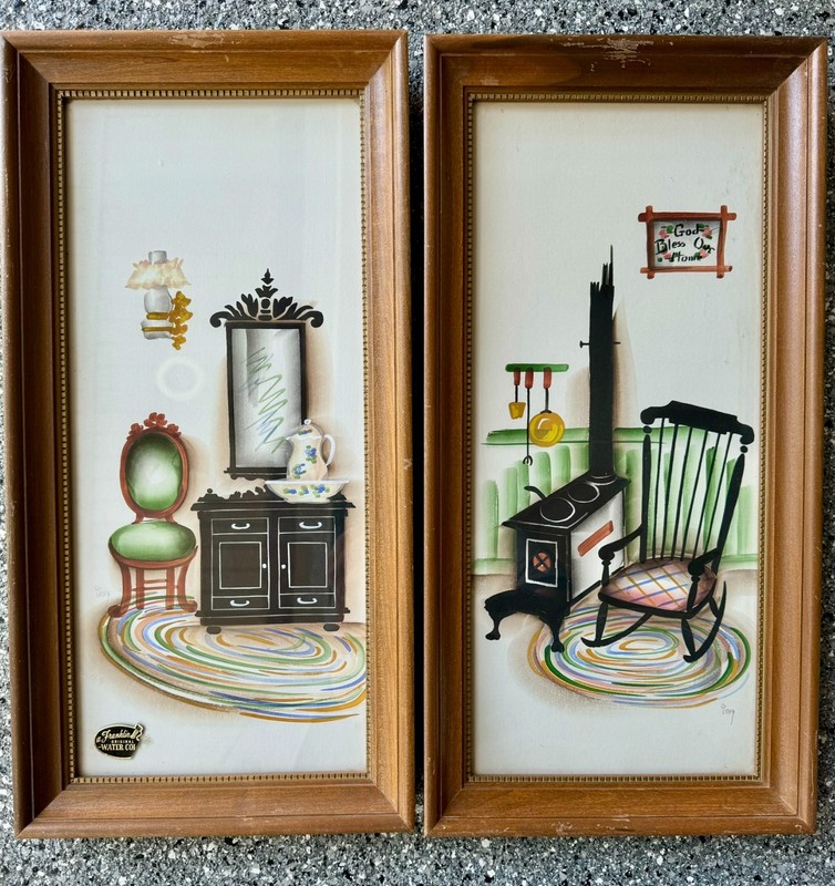 2 Vintage 1960s Framed G Inez Folk Art Genuine Watercolor Painting Pictures