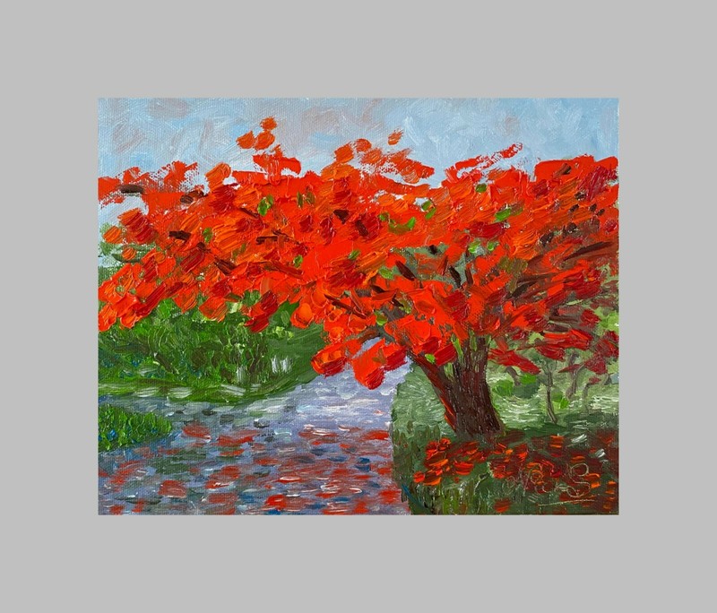 Red Tree. Vibrant, color-rich Oil Painting. ORIGINAL. Signed Impressionist Art gallery