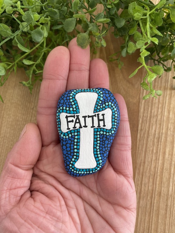 Handpainted Rock W/ Cross Design & The Word Faith Dot Painting