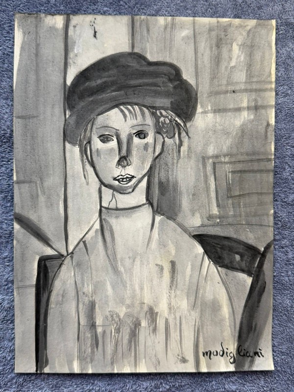 AMEDEO MODIGLIANI drawing and painting on old paper signed stamped vintage