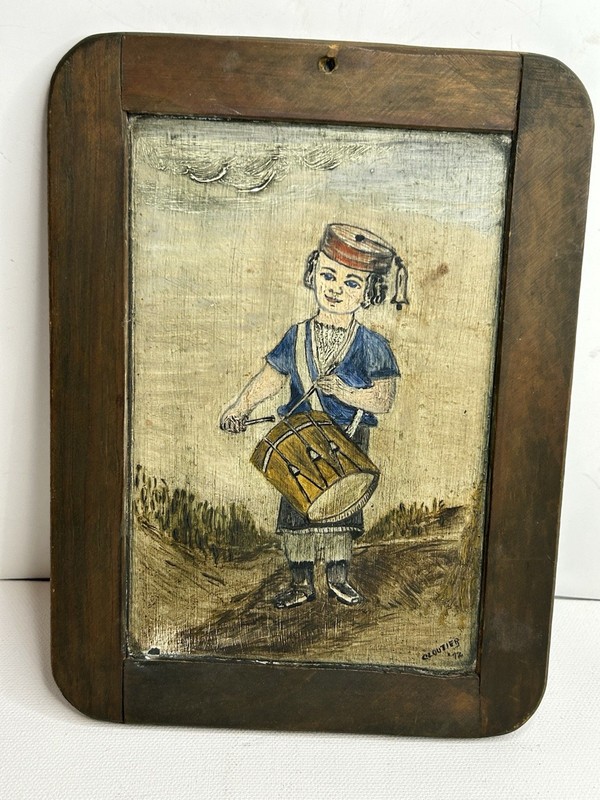 Antique Original Signed Cloutier Oil Painting Chalkboard Little Drummer Boy 1872