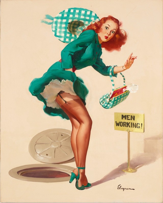 BOLLES or ELVGREN Pinup Original VANCAS Painting UPSKIRT Pin-Up Stockings 1of 2 gallery