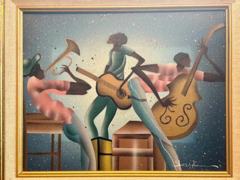 Original Fred Blassingham Painting on Canvas – Jazz Trio – Framed – Signed Art